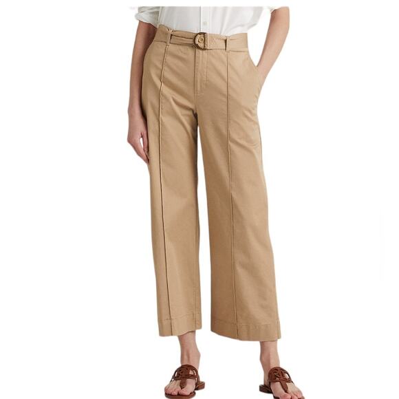 Lauren Ralph Lauren Twill Belted Cropped Stylish Wide Leg Pants Tan NEW Size 12 - Picture 1 of 6